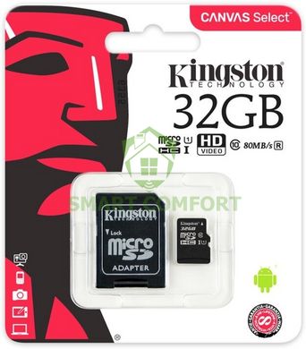 Kingston microSDHC 32GB Canvas Select Class 10 UHS-I U1 + SD-адаптер (SDCS/32GB)