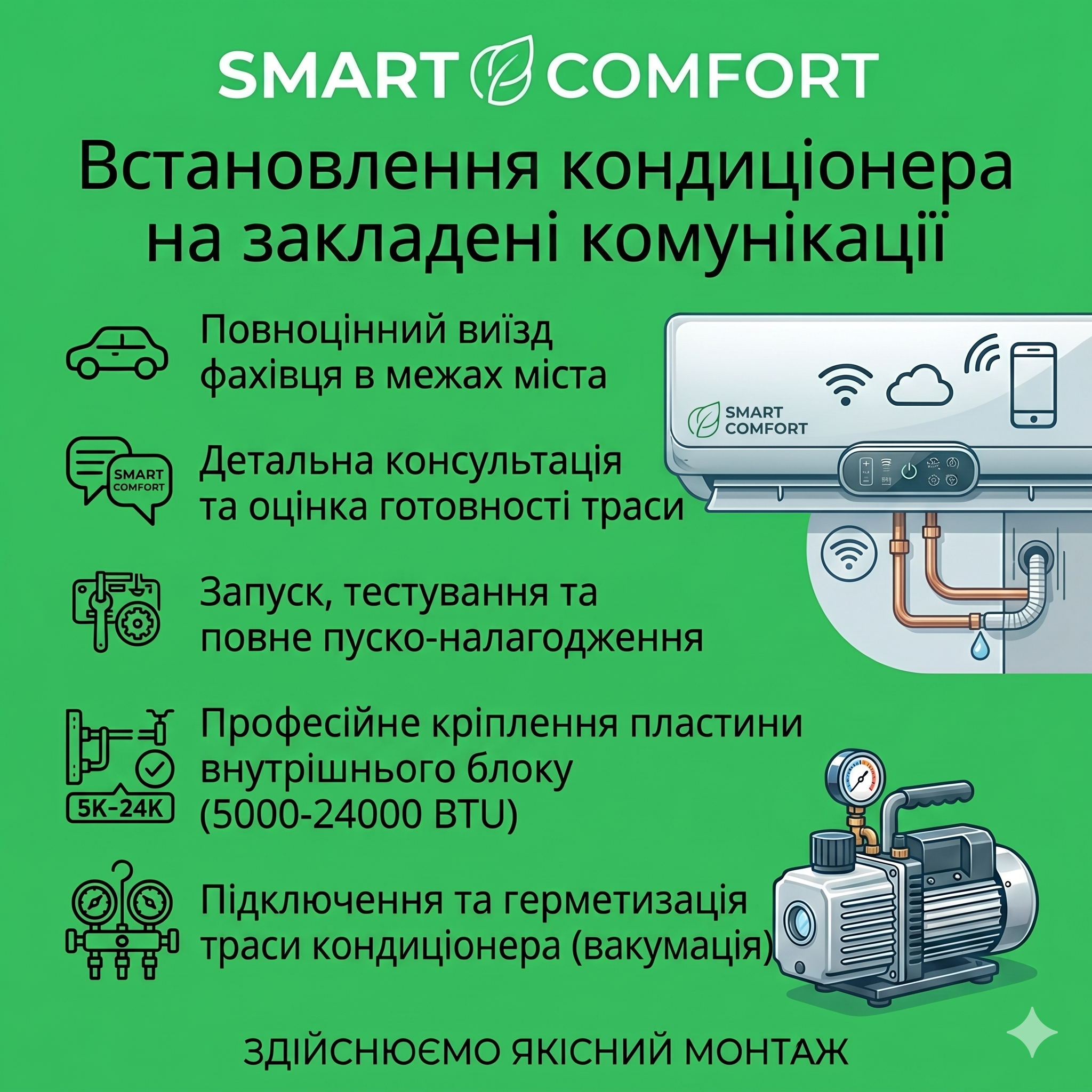 Встановлення кондиціонера на готову трасу в Бородянці