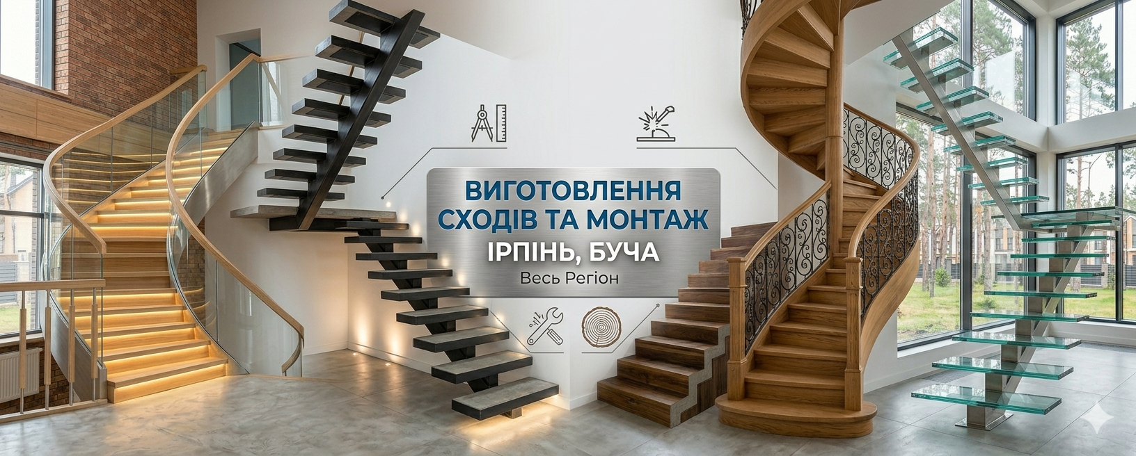 Замовляйте виготовлення сходів у Гостомелі від Smart Comfort. Дерев'яні, металеві та бетонні сходи на другий поверх під ключ. Розумне підсвічування, 3D-проект, гарантія якості
